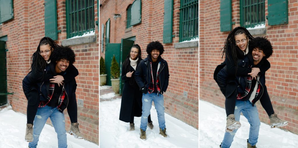 three photos of couple laughing and posing in snow against brick wall for engagement photoshoot