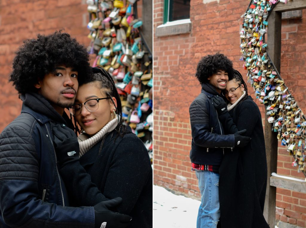 two photos of coupe close up and full body, hugging in front of brick background at engagement photoshoot