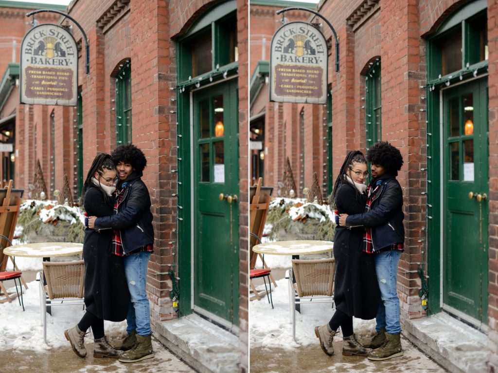 two photos of man and woman embracing under store sign for engagement photoshoot