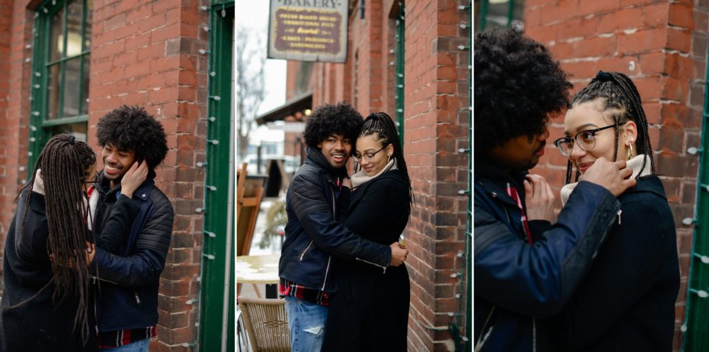 three images of couple hugging and touching for engagement photography session