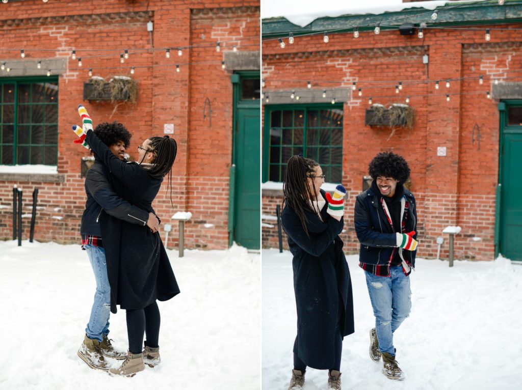 two photos of couple hugging and laughing in the snow for engagement photoshoot
