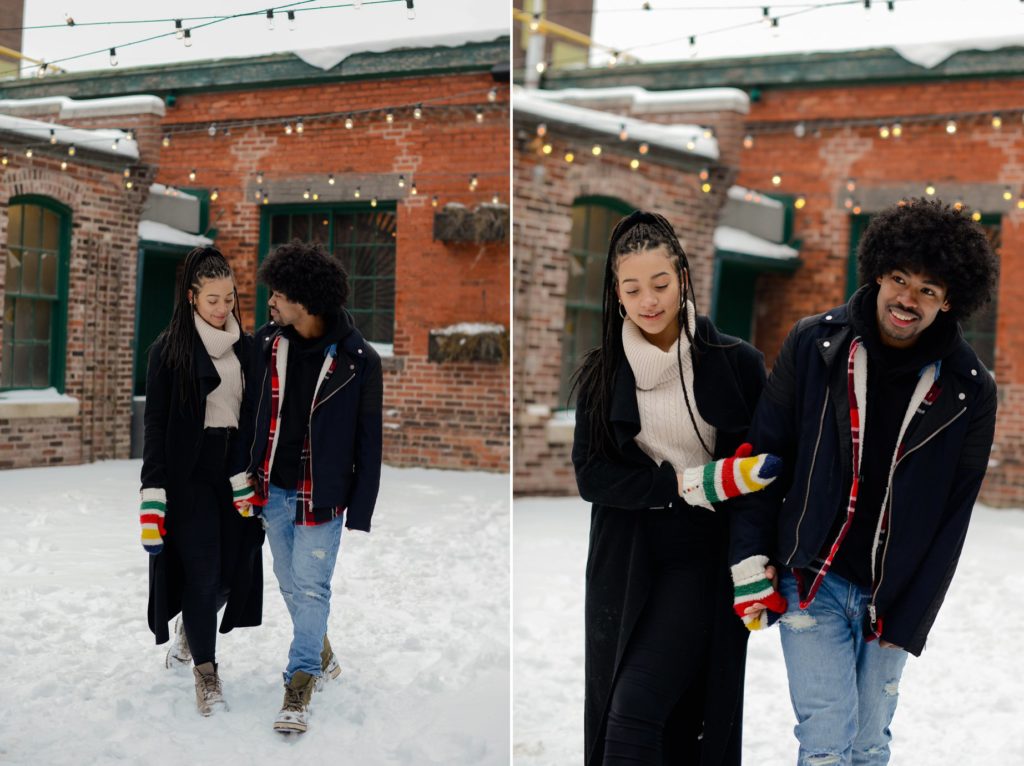 two photos of couple holding hands and walking for engagement photoshoot