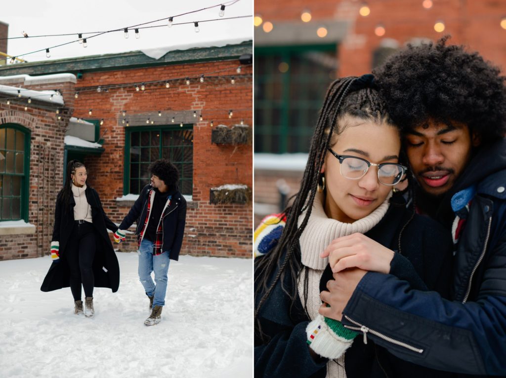two photos of couple holding hands and hugging in the snow for engagement photography session