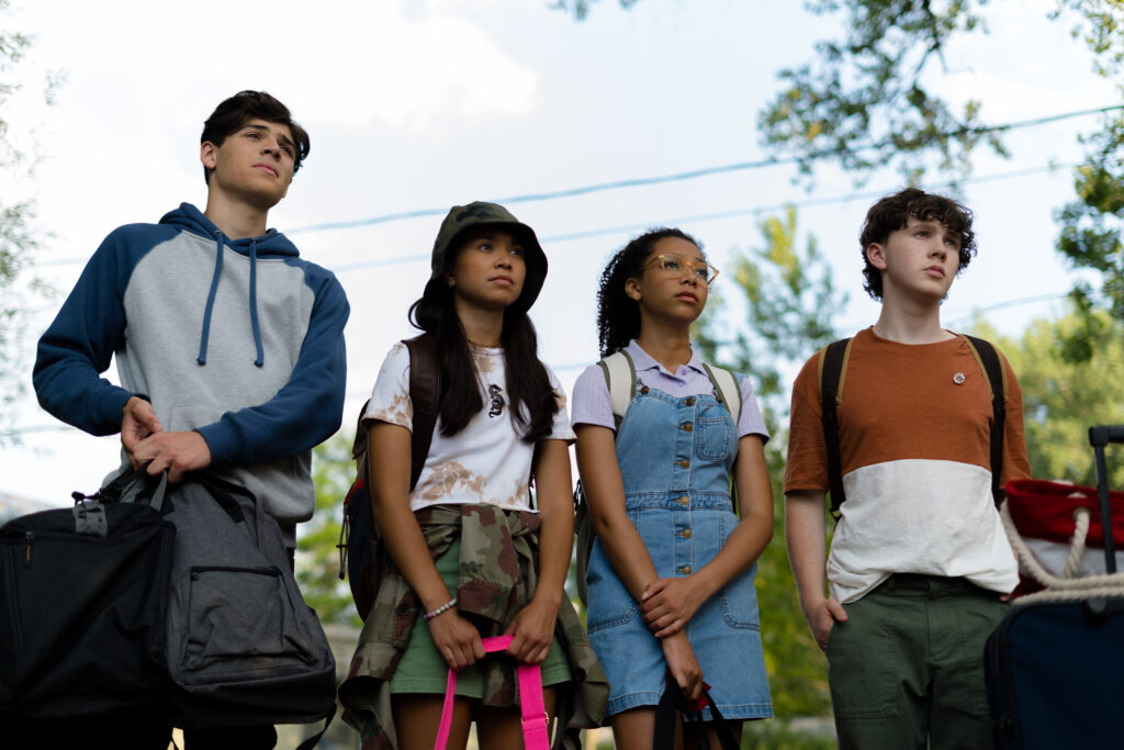 Jack Fulton, Simone Miller, Alina Prijono, Tomaso Sanelli stand looking out in an episode of detention adventure