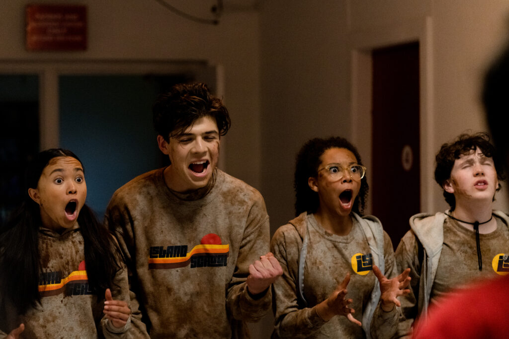 Jack Fulton, Simone Miller, Alina Prijono and Tomaso Sanelli get excited hearing news while at summer Island camp in an episode of Detention Adventure