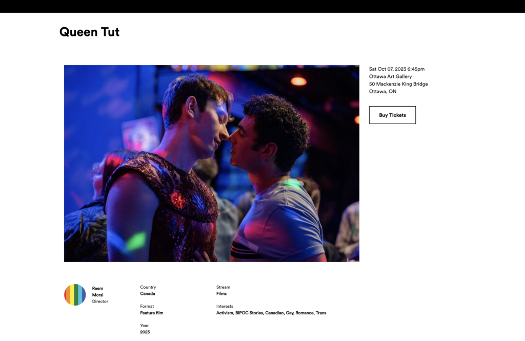 Inside out film festival website with still from Queen Tut with Ryan Ali kissing his love interest in a nightclub