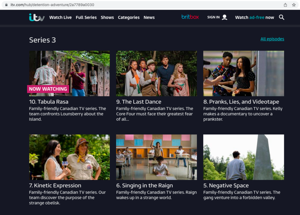 Britbox streaming page showing Detention Adventure episodes by stills photographer Lauren Newman
