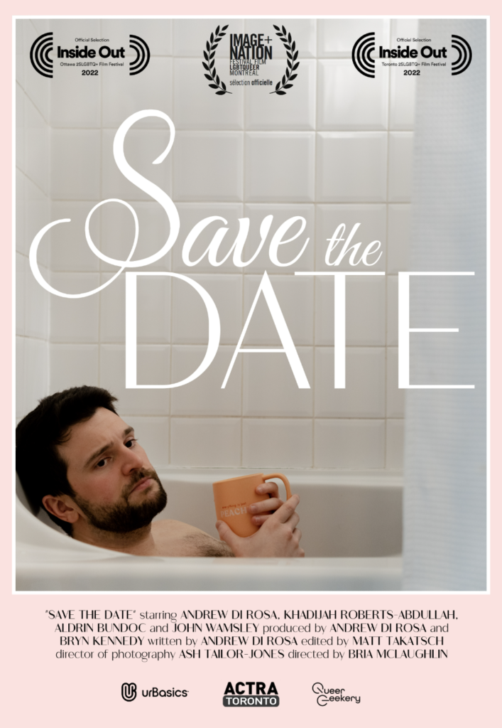 Andrew Di Rosa sits in his bathtub with a cup of tea for the Save the Date short movie Inside out Festival Poster