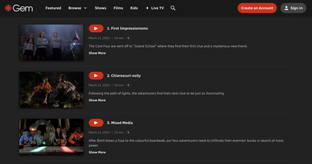 CBC streaming page showing Detention Adventure episodes by stills photographer Lauren Newman