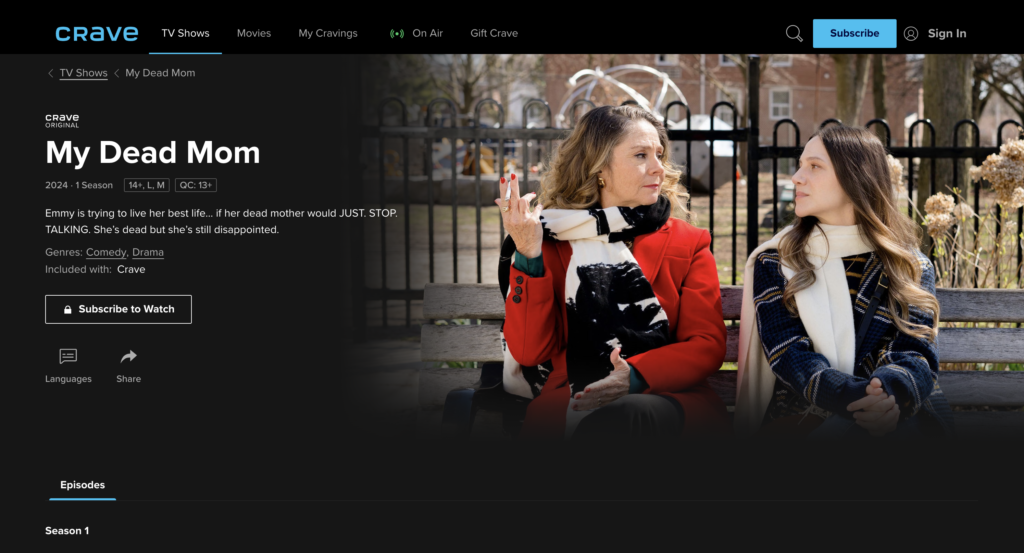 Stills photo of Lauren Collins and Megan Follows on Crave Tv streaming platform