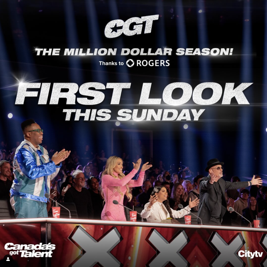 Howie Mandel, Lindsay Ell, Kardinal Offishall, Lillu Singh, and Trish Stratus pose for a photo at the judges desk in Canadas Got Talent live with Rogers