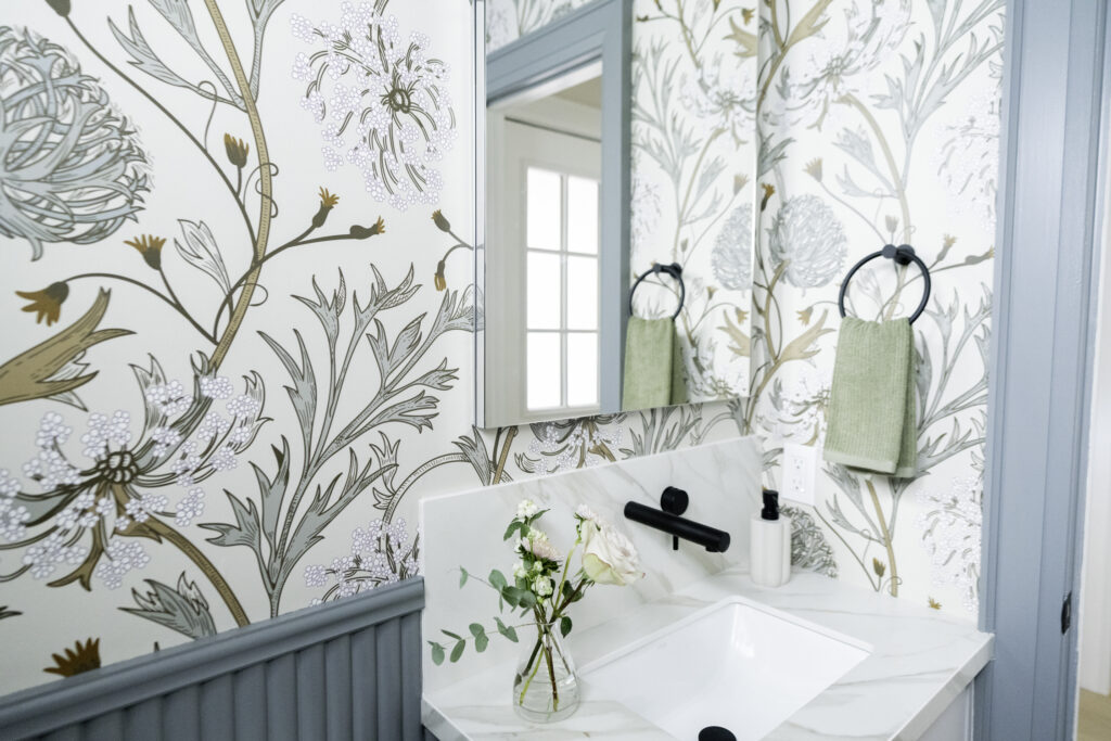 Love it or List it Renovated Bathroom, Green Wallpaper